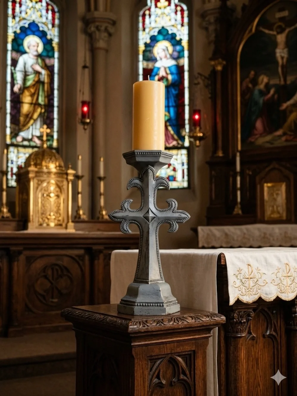 Vintage 80s Gothic Fleur-de-Lis Grey Stone-Look Cross Candle Holder - 18